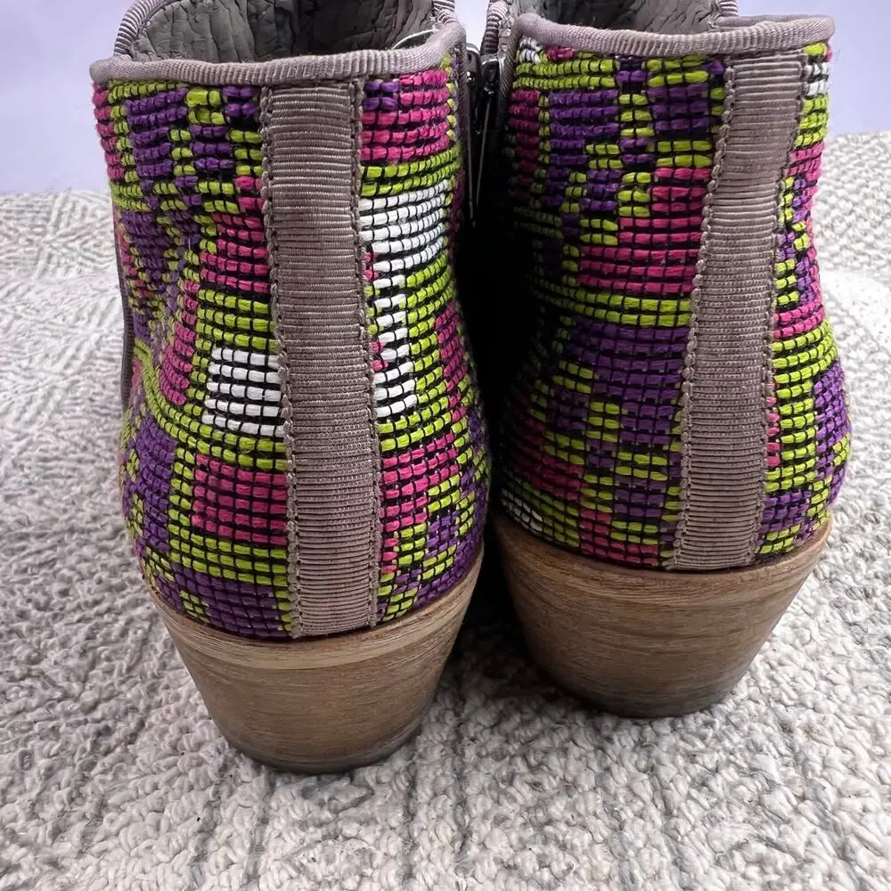 Sam Edelman, Putnam Taupe Suede Booties, Colorful Woven Back, Boho Western Ankle